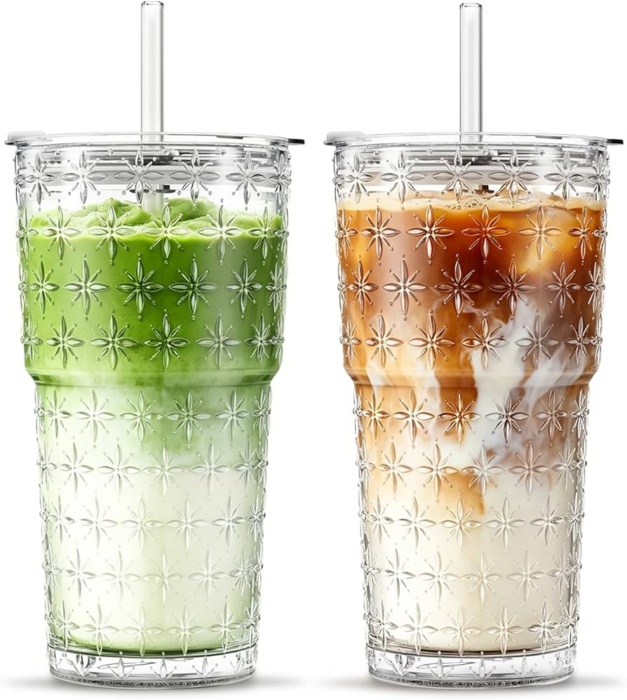 INSETLAN 20oz Sparkling Star Glass Tumblers with Lids and Straws, Set of 2, Thick-Walled Drinking... | Amazon (US)