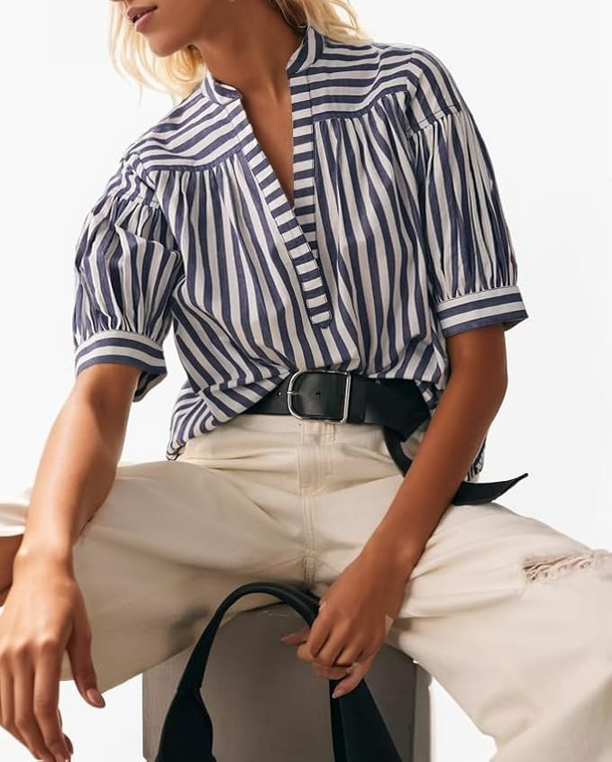 Women Striped Short Puff Sleeve Blouse Shirts V-Neck Loose Fit Summer Casual Work Office Tops Tre... | Amazon (US)