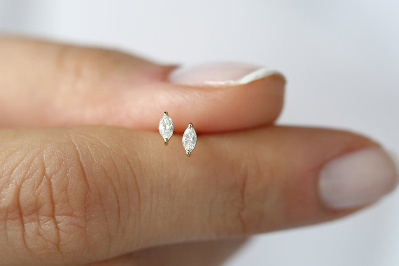 Marquise Diamond Studs / 14k Gold Marquise Diamond Solitaire Earrings / Dainty Diamond Earrings /... | Etsy (US)