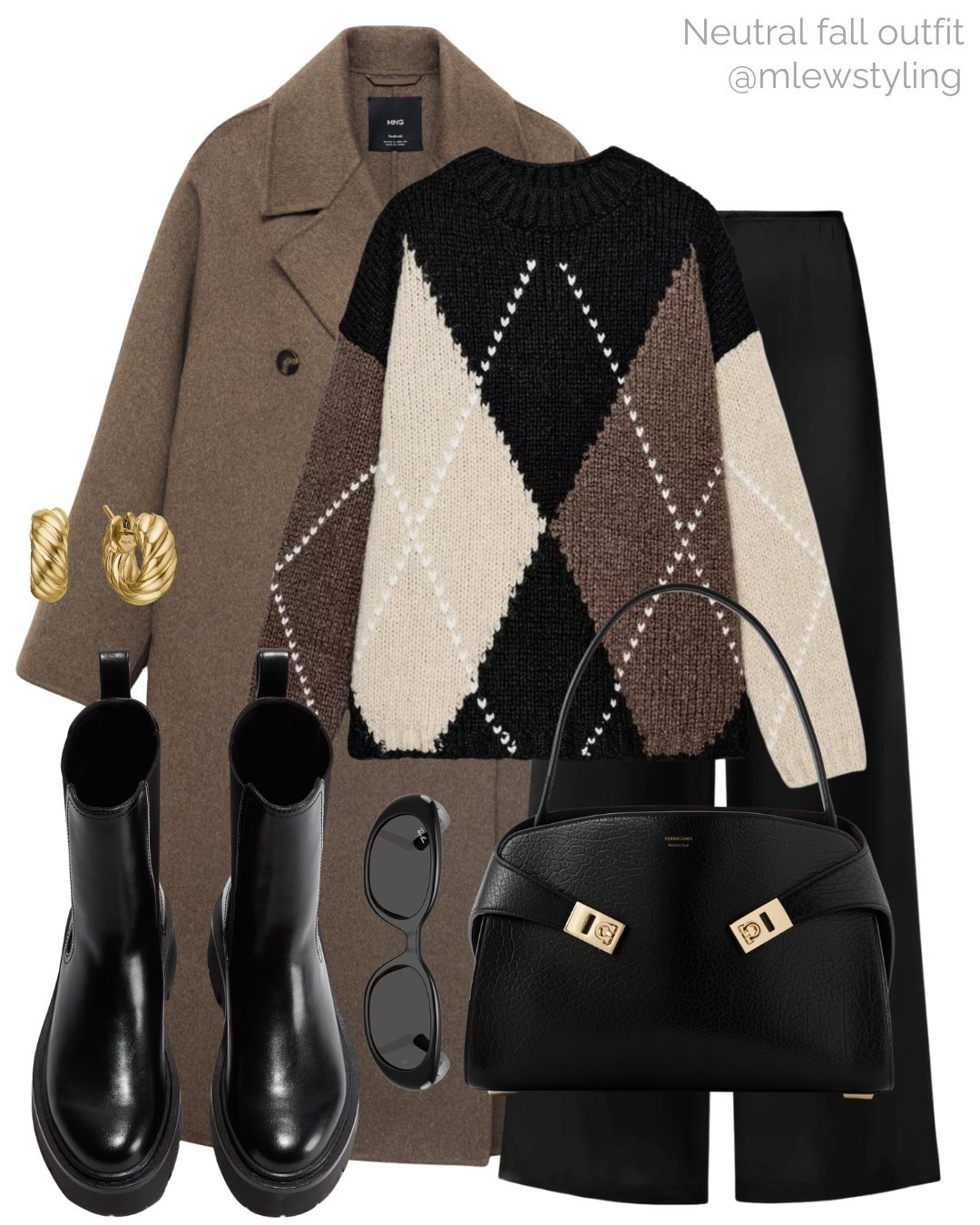 Fall outfit with an argyle sweater and black satin pants 🖤

Tags: mango wool coat, new in H&M Chelsea boots, Ferragamo hug bag, rayban sunglasses, net-a-porter leset trousers, autumn outift, chic everyday look, casual workwear, office outfit 

#LTKWorkwear #LTKItBag #LTKShoeCrush