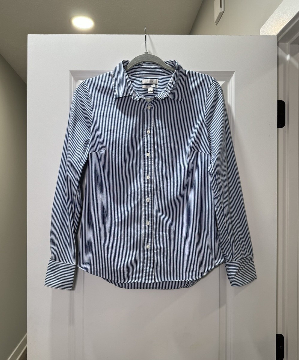J. Crew Stretch Perfect Button Up Shirt Women Small Blue White Striped Nautical | eBay US