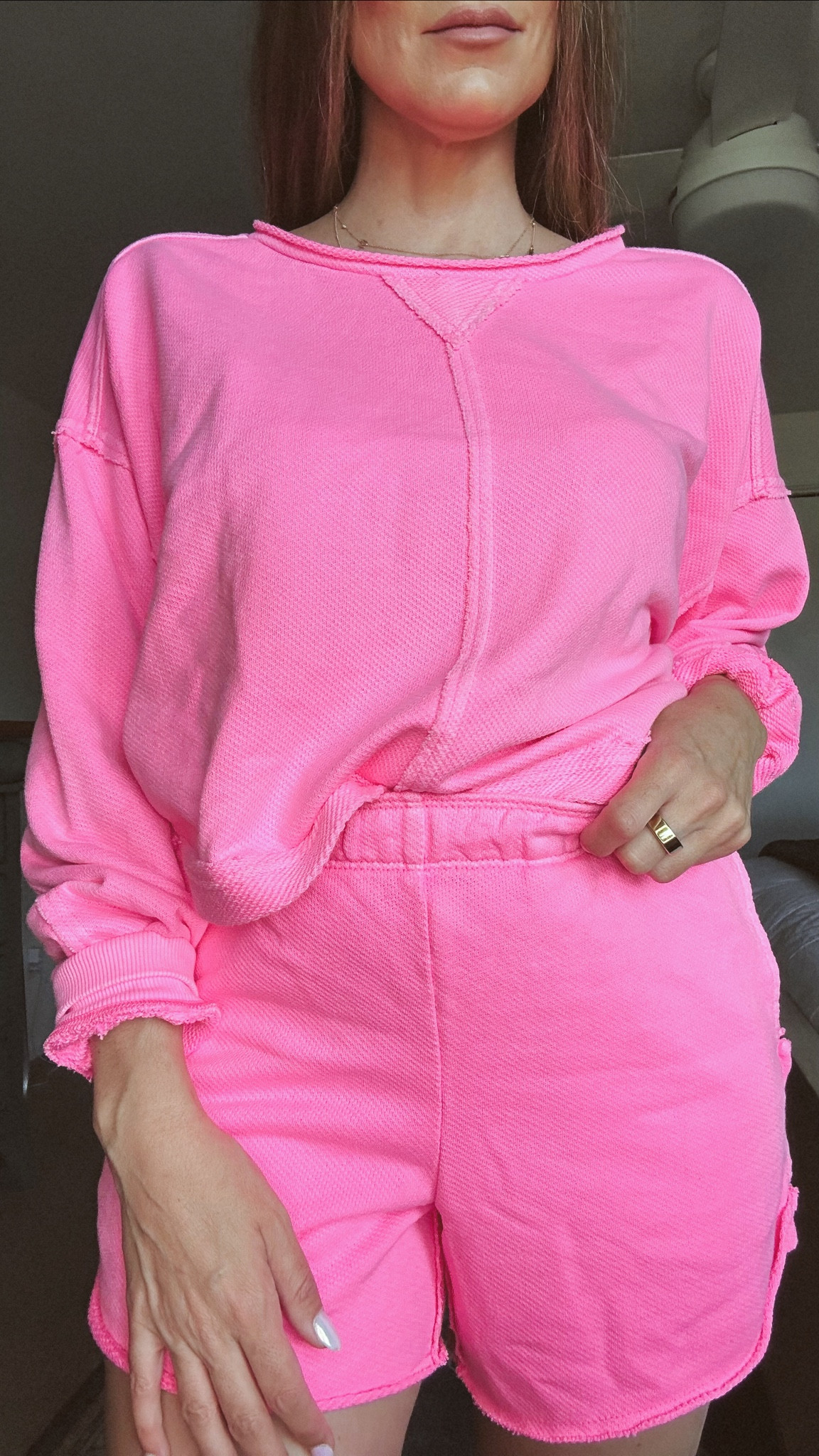 Comfy travel outfit on sale! Wearing XS in sweatshirt and shorts from Aerie. This hot pink look is the perfect summer outfit  

#LTKunder50 #LTKsalealert #LTKtravel