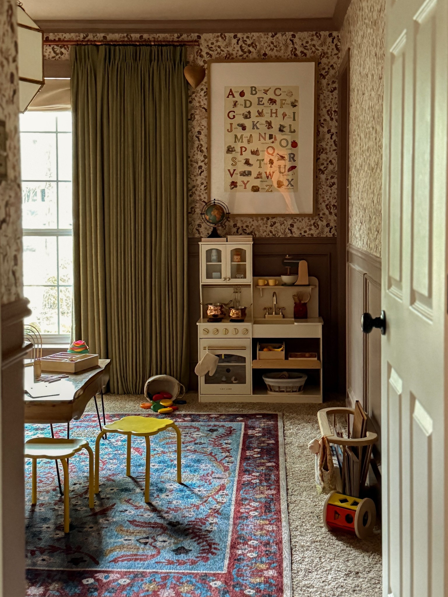 Playroom, Colorful Playroom, Playroom Art, Whimsical Playroom, Nursery, Pattern Play, Green Curtains, Rifle Paper Co, Loloi, Play Kitchen

#LTKBaby #LTKHome #LTKFindsUnder100