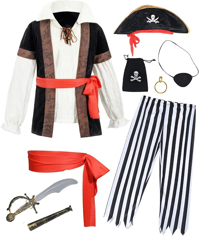 9 PCS Pirate Costume Kids Coat Pants Hat with Accessories Deluxe Set for Party Cosplay 3-12 Years | Amazon (US)