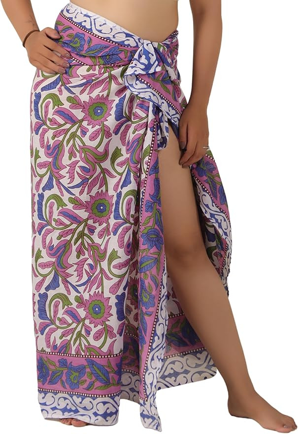 100% Cotton Sarong Cover Up for Women Indian Block Print Beach Wrap Skirt Long Boho Swimsuit Biki... | Amazon (US)