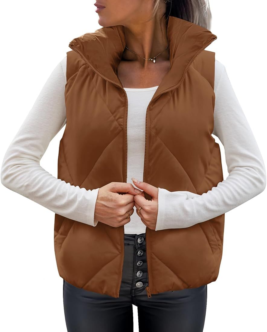 MEROKEETY Women's Puffer Vest Sleeveless Zip Up Quilted Coat Stand Collar Gilet Jacket With Pocke... | Amazon (US)