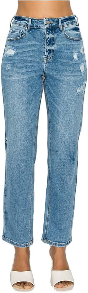 Love Moda Women's High Waist Slim Straight, Boy Friend, Mom Jeans with Spandex | Amazon (US)