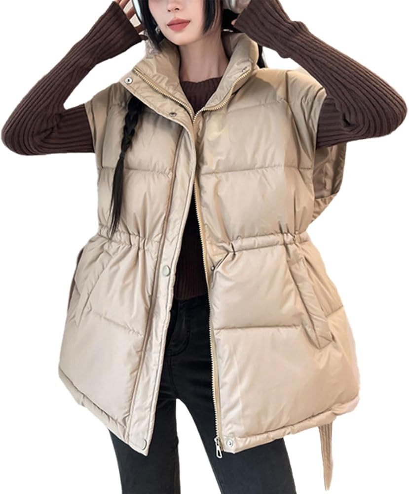 Women's Belted Puffer Vest, Stand Collar Sleeveless Jacket with Zip & Button Closure, Quilted Win... | Amazon (US)