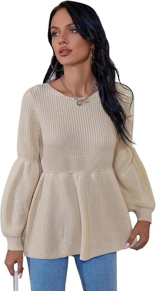 WDIRARA Women's Long Sleeve Round Neck Peplum Sweater Ruffle Ribbed Knit Tops | Amazon (US)