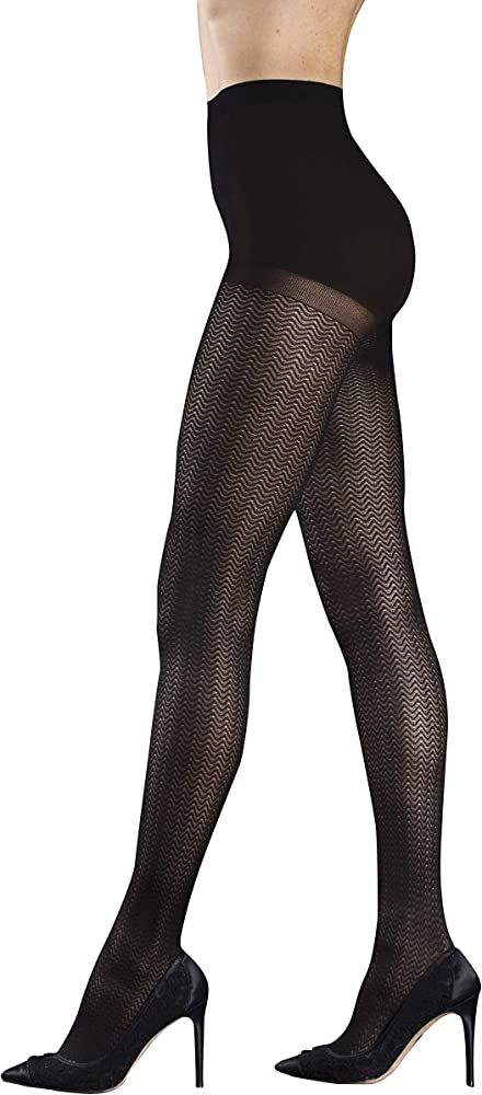 Badgley Mischka Chevron Pattern Semi Opaque Fashion Tights with Control Top, Black | Amazon (US)