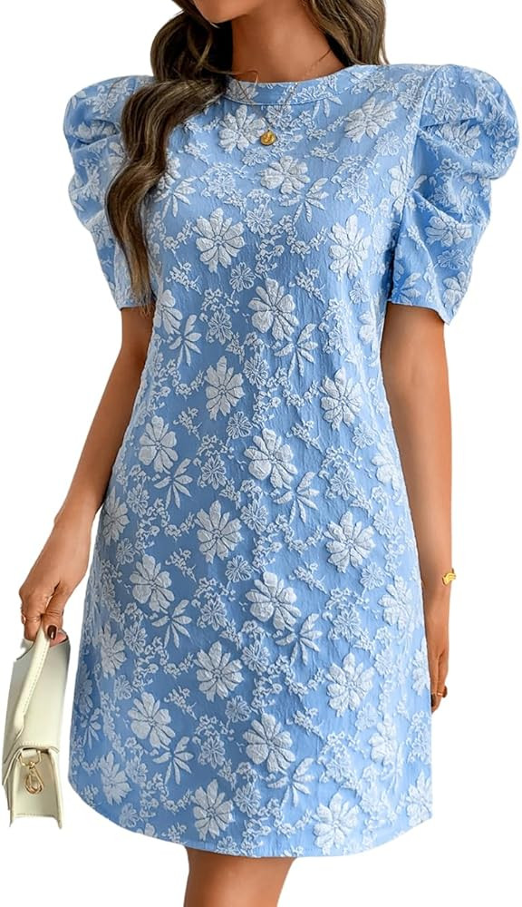 Women's Elegant Floral Jacquard Dress, Puff Sleeve Lightweight Shift Mini Dresses for Summer Casu... | Amazon (US)