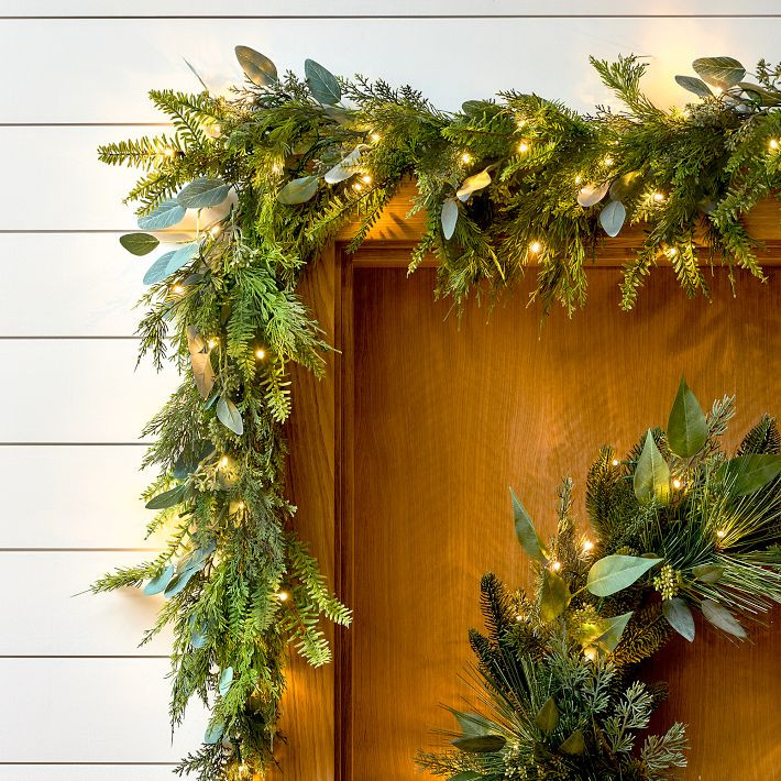 Pre-Lit Faux Mixed Seeded Eucalyptus Wreath & Garland | West Elm CA
