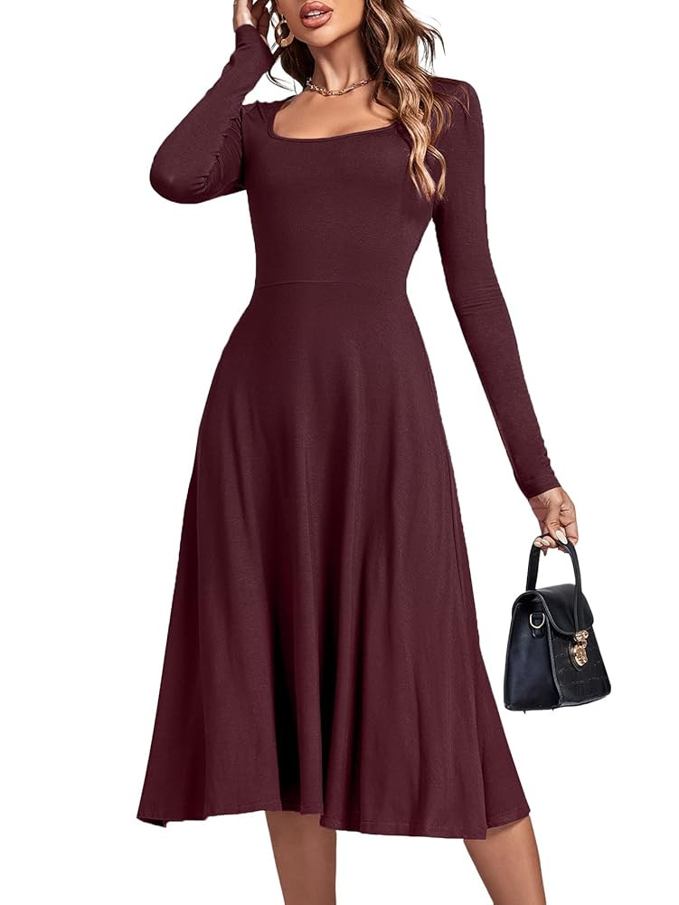 LYANER Women's Square Neck Long Sleeve Empire Waist A Line Flare Solid Midi Dress | Amazon (US)
