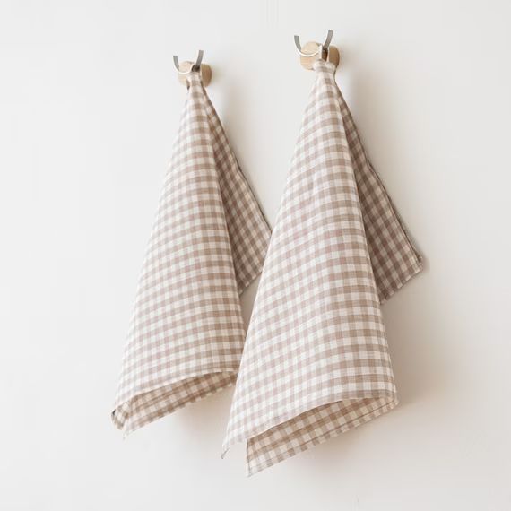 Linen Tea Towel Set Linen Kitchen Towels Beige White Check - Etsy | Etsy (US)
