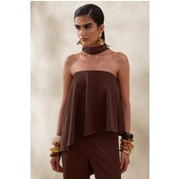 Evandra | Brown Satin Bandeau Top With Scarf | Club L London