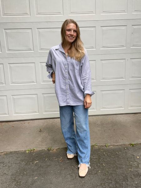 Clothes so comfortable they feel like PJs 👍 Fingers crossed the oversized trend hangs on for a while. 

Button down, jeans, wide leg, trend, prep, office, workwear, wfh, work from home, collared shirt, American Eagle 

#LTKunder100 #LTKSeasonal #LTKBacktoSchool