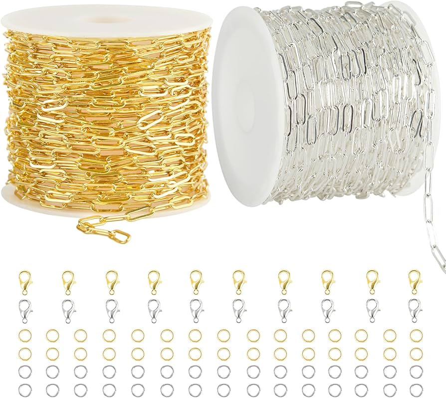 Kyutong 2 Rolls Paperclip Chain for Jewelry Making 32.8 Feet Jewelry Chain Links Silver and Gold ... | Amazon (US)