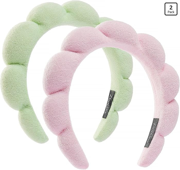 Spa Headbands - Set of 2 Terry Cloth Face Wash Headbands for Makeup Removal, Mask (Pink + Light G... | Amazon (US)