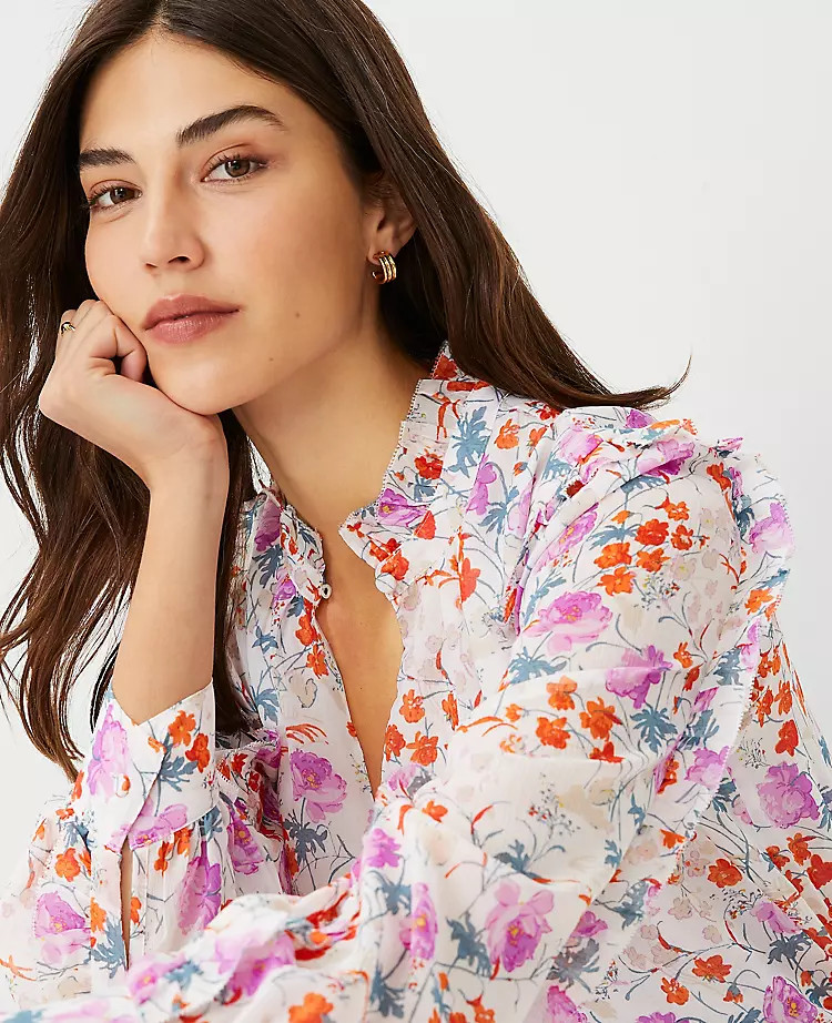 Floral Ruffle Split Neck Top | Ann Taylor (US)