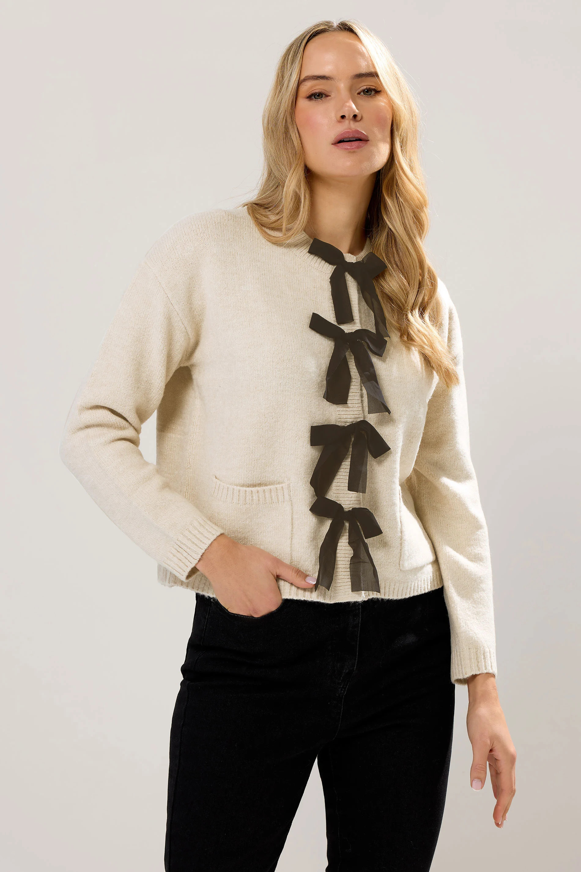 LTS Tall Cream Knitted Bow Front Cardigan | Long Tall Sally