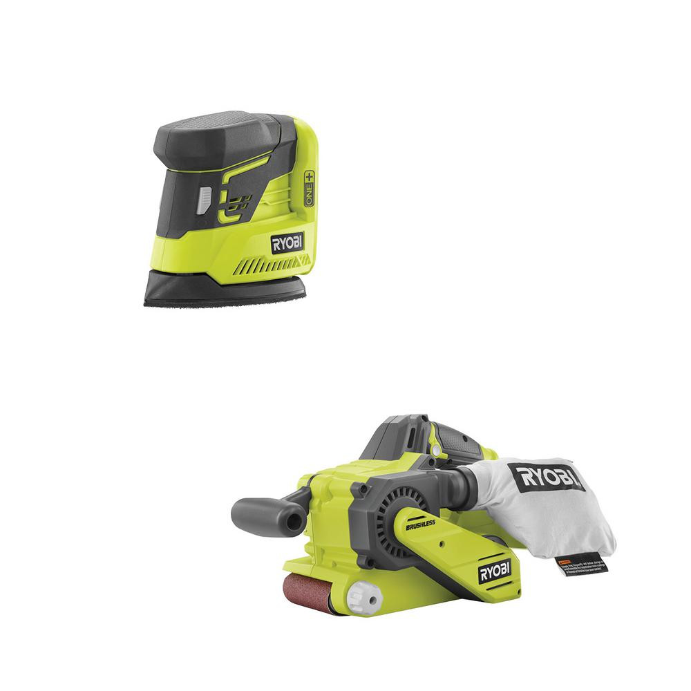 RYOBI 18-Volt ONE+ Cordless Brushless Belt Sander with Dust Bag and Corner Cat Sander with Sample... | The Home Depot