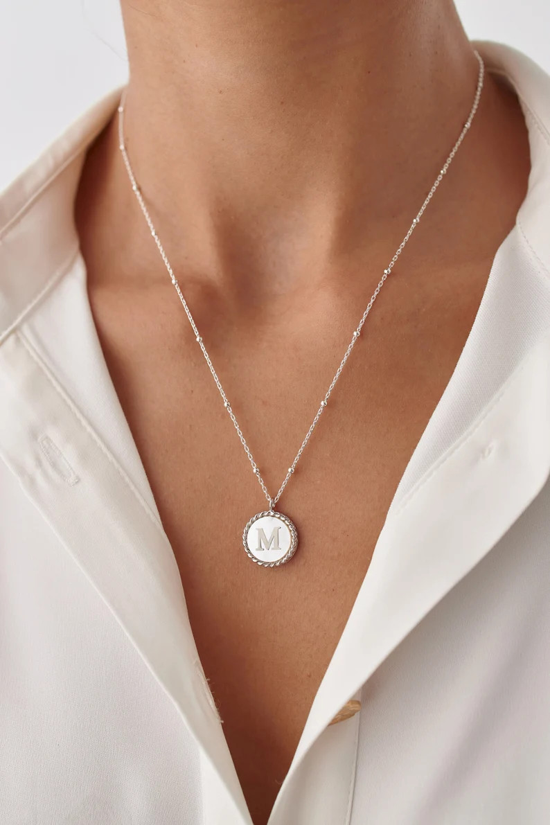 Circle Initial Necklace by Dabasminimalist Letter Necklace With White Enamel & Gold Pendant Bride... | Etsy (US)