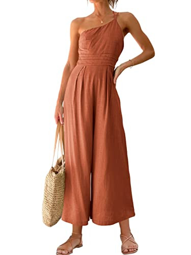 ANRABESS Women's Summer Straps One Shoulder High Waist Dressy Casual Wide Leg Linen Jumpsuit Romp... | Amazon (US)