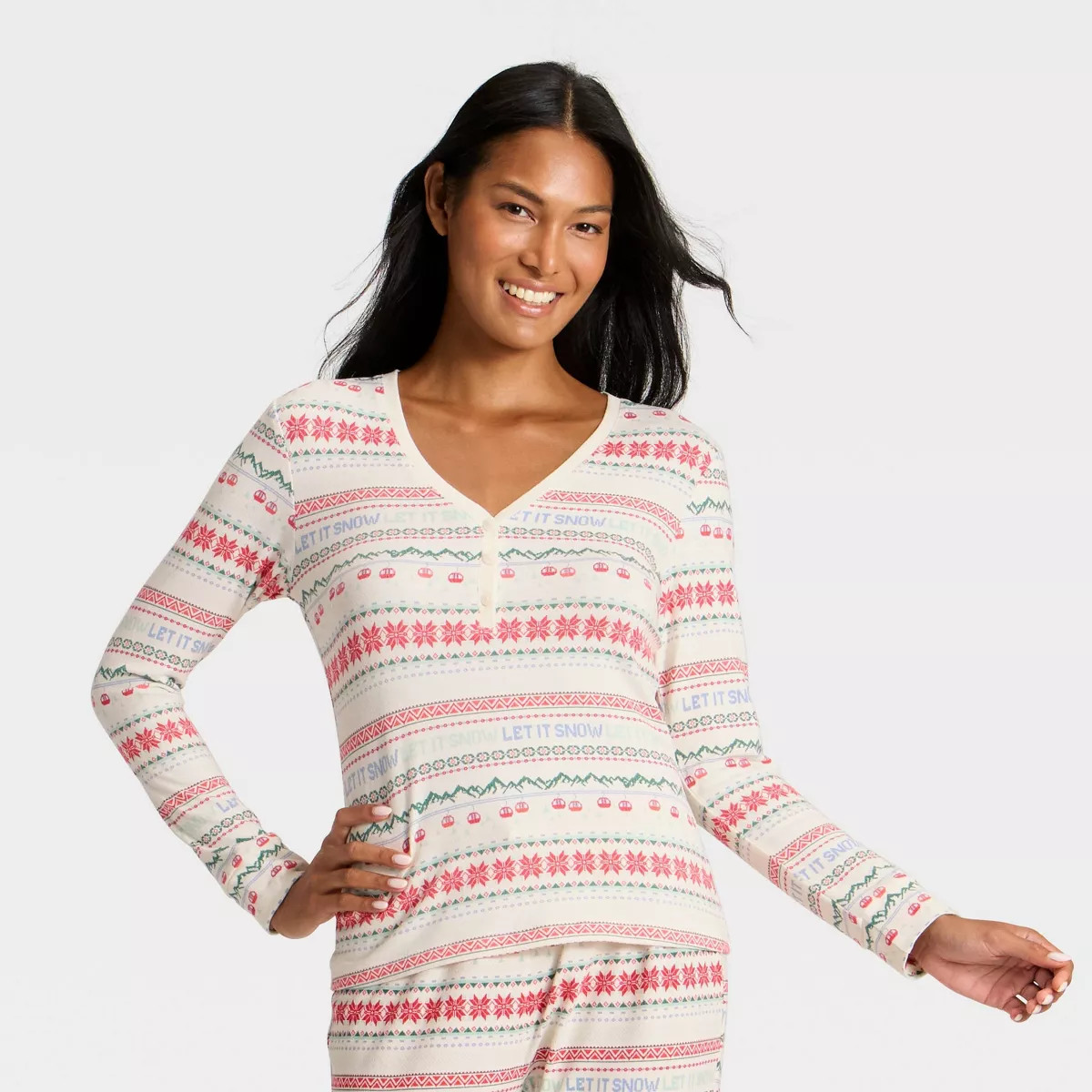 Women's "Let it Snow" Fair Isle Cozy Knit Long Sleeve Henley Holiday Matching Family Pajama Shirt... | Target
