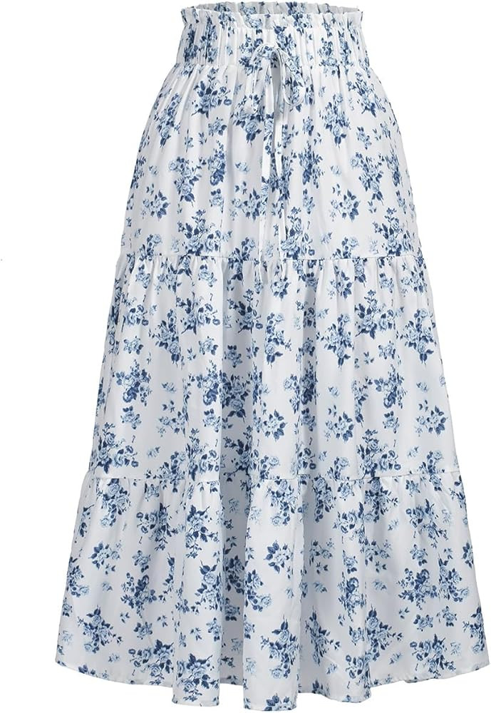 MSLG Women's High Elastic Waist Midi Skirt Casual Summer Trendy Tie Front Flowy Ruffle Floral Pri... | Amazon (US)