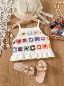 SHEIN Young Girl Granny Square Crochet Ruffled Hem Camisole And Loose Pants, Summer Two Piece Set | SHEIN