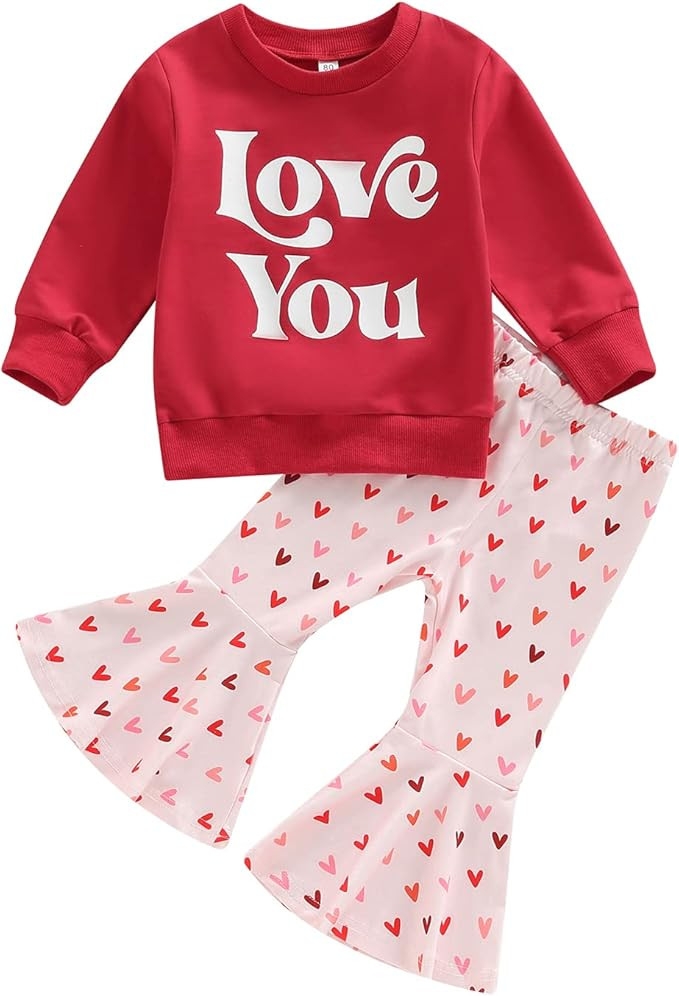 ITFABS Valentines Day Outfit Baby Girl Clothes Lovely Sweatshirt Shirt Tops Bell Bottom Pants Out... | Amazon (US)