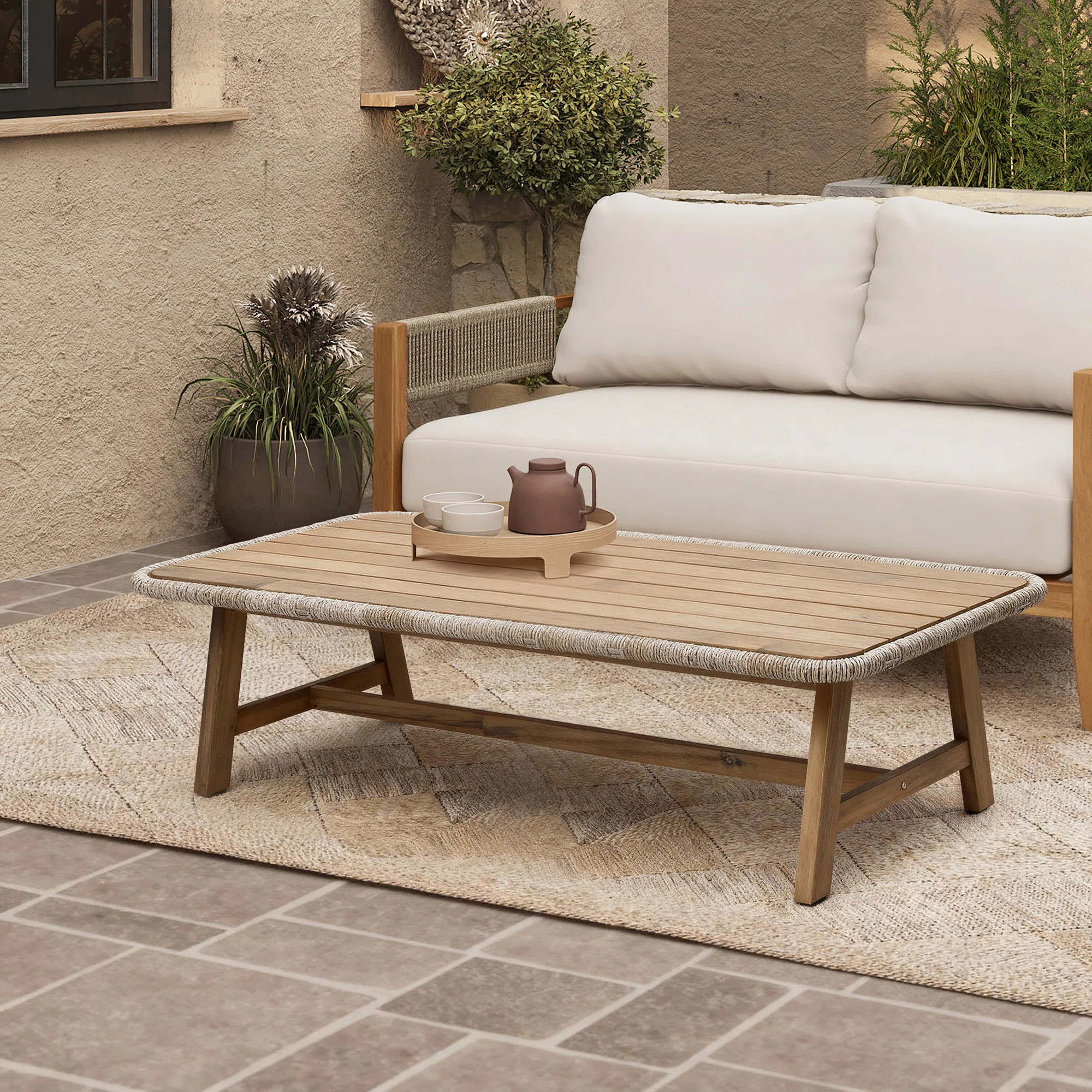George Oliver Outdoor Acacia Wood Coffee Table with Woven Wicker Trim | Wayfair | Wayfair North America