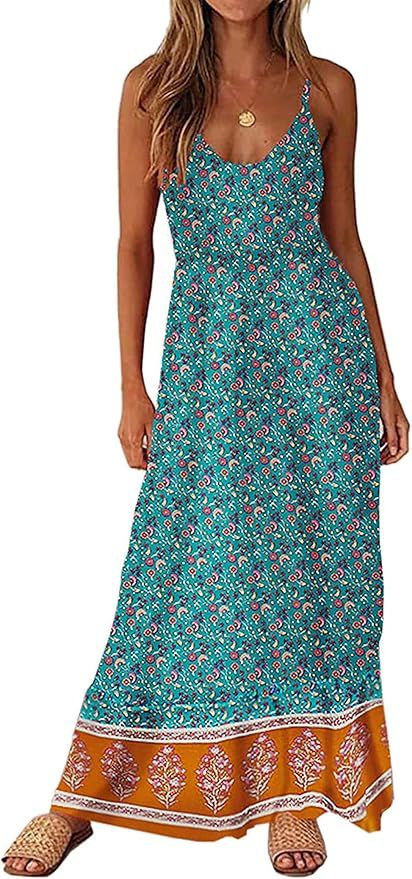 KIRUNDO 2023 Summer Women's Spaghetti Strap Maxi Dress V Neck High Waist Backless Floral Boho Dre... | Amazon (US)