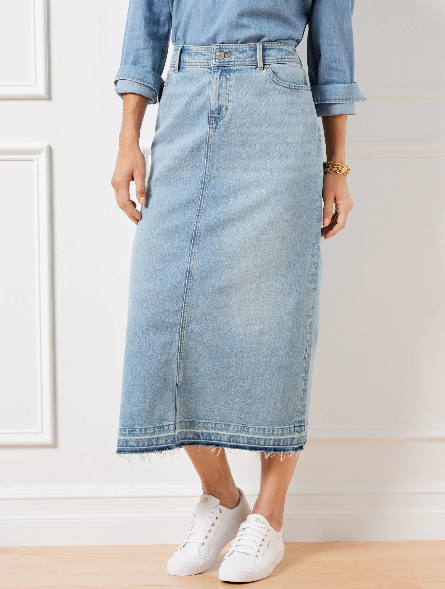 Drop Hem Denim Midi Skirt - Spring Wash | Talbots