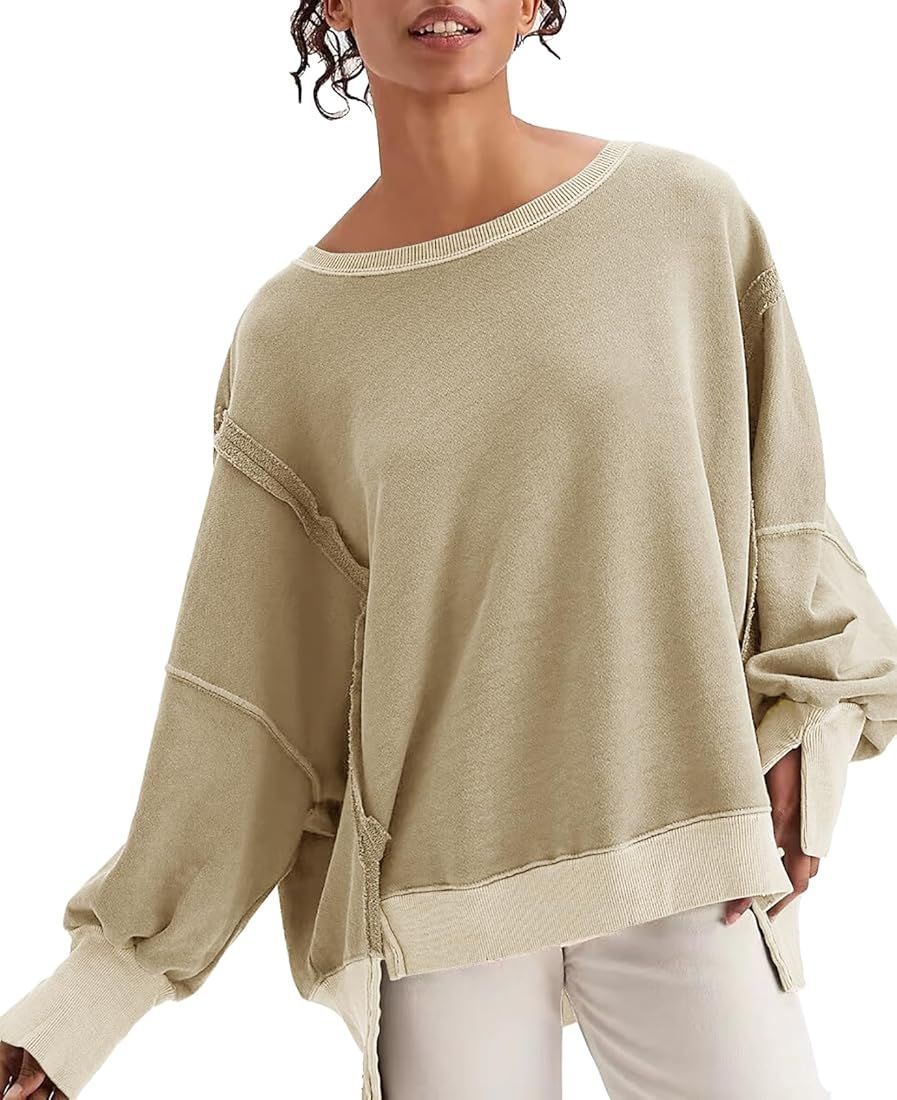 GUNEST Womens Oversized Sweatshirts Crew Neck Long Sleeve Hoodies Casual Slit Sloucthy 2023 Trend... | Amazon (US)