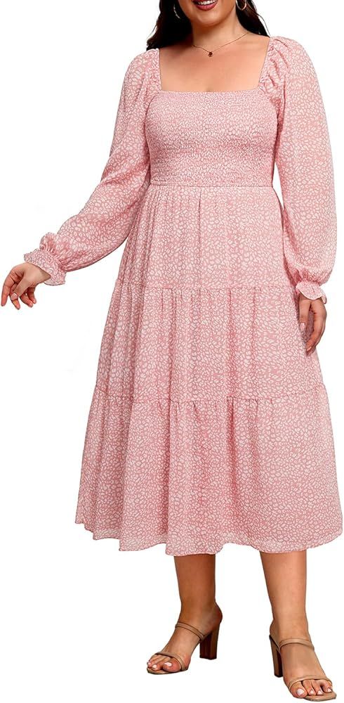 Pinup Fashion Women's Plus Size Boho Dress Flounce Long Sleeve Square Neck Chiffon Smocked Fall M... | Amazon (US)