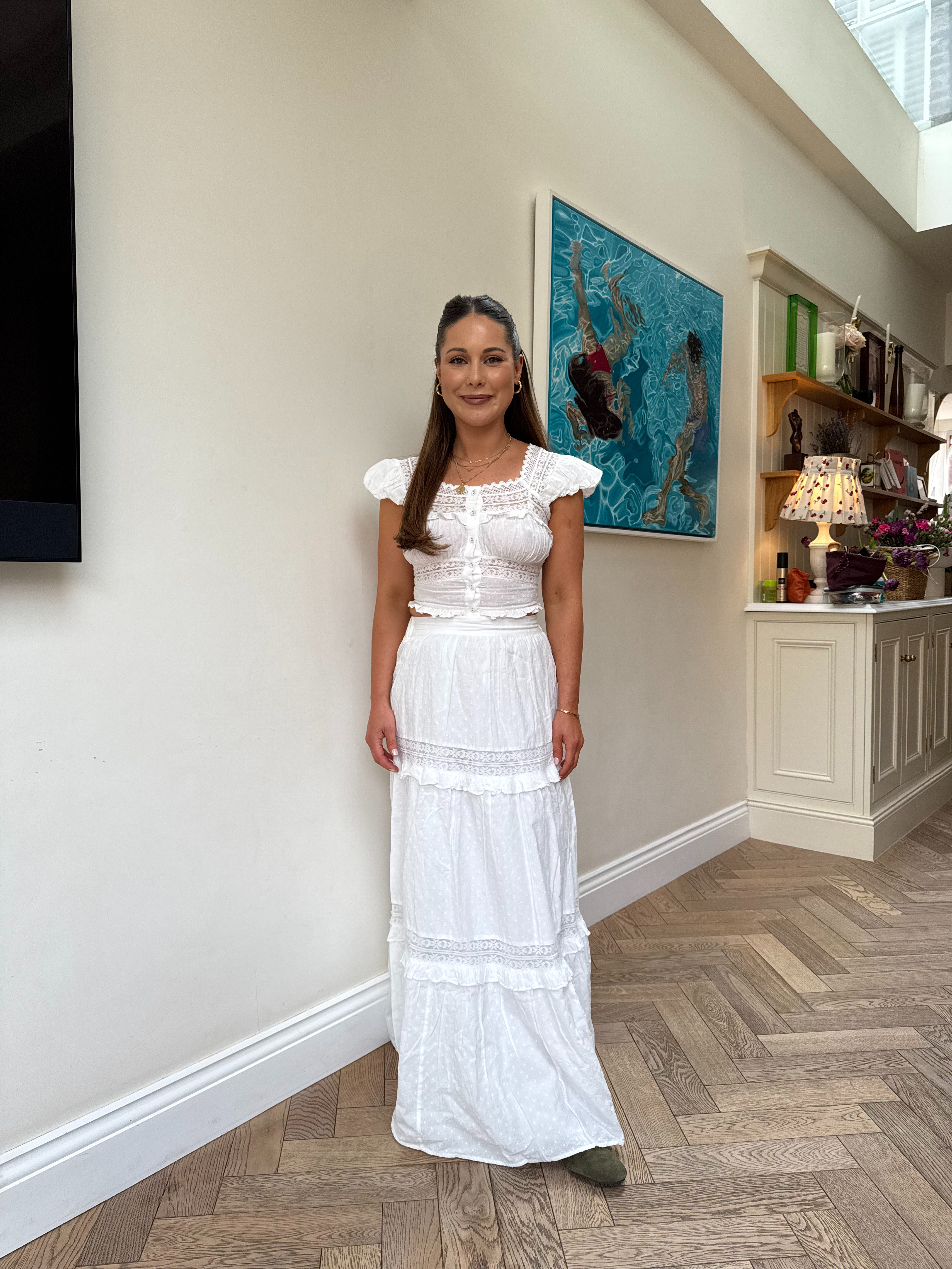Summer outfit idea, Nobodys Child tiered maxi skirt matching set, coord, white outfit, spring styling, transitional outfit idea, maxi skirt, La Redoute ballet flats  

 #LTKuk #LTKsummer #LTKstyletip