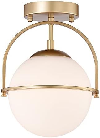 Gold Semi Flush Mount Ceiling Light Fixture 1-Light Cream White Globe Ceiling Light Fixture Mid C... | Amazon (US)