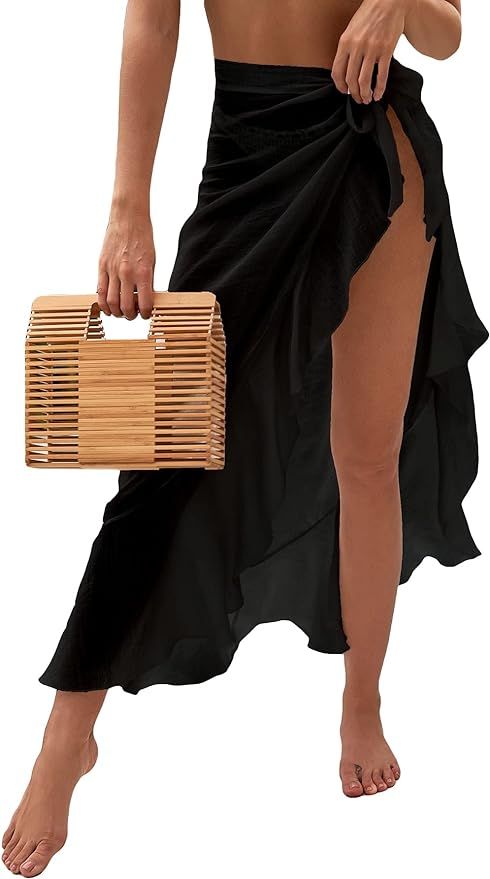OYOANGLE Women's Mesh Sheer Swimsuit Cover Up Ruffle Tie Side Beach Sarong Wrap Long Skirt | Amazon (US)