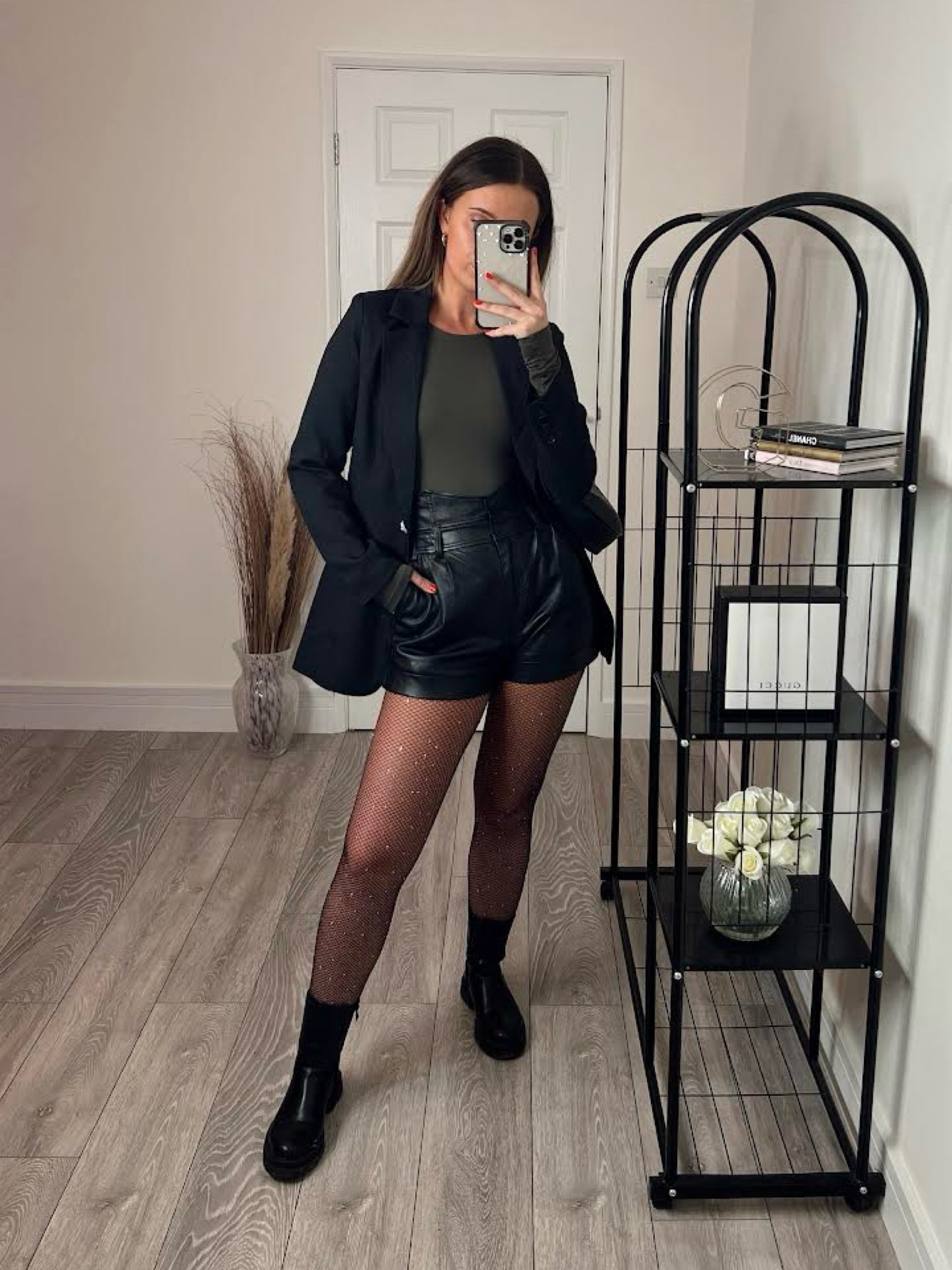 River island, In the style, Zara, Asos, New look, Public desire, transitional style, transitional outfit, fishnet tights, sparkly tights, leather shorts, black shorts, khaki top, long sleeve top, black blazer, oversized blazer, ankle boots, chelsea boots, chunky boots, outfit ideas, style inspiration 

#LTKstyletip #LTKeurope #LTKSeasonal