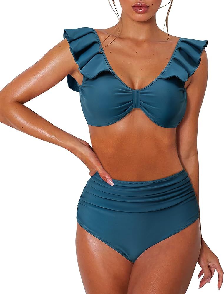 RXRXCOCO Womens Shirred Bandeau Bikini Cute Two Piece Swimsuit Off Shoulder High Waist Bathing Suit | Amazon (US)