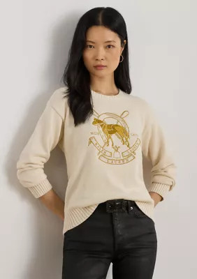 Lauren Ralph Lauren Women's Petite Embroidered Cotton Crewneck Sweater | Belk