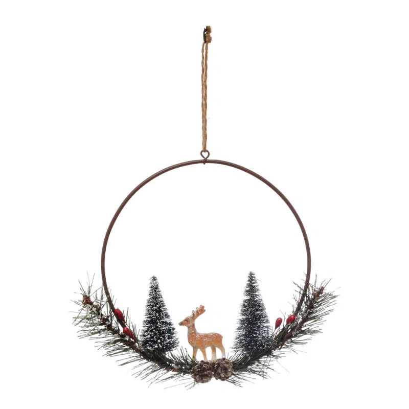 Metal Wreath with Sisal Tree, Greenery, Pinecones & Deer Decorative Accent | Wayfair North America