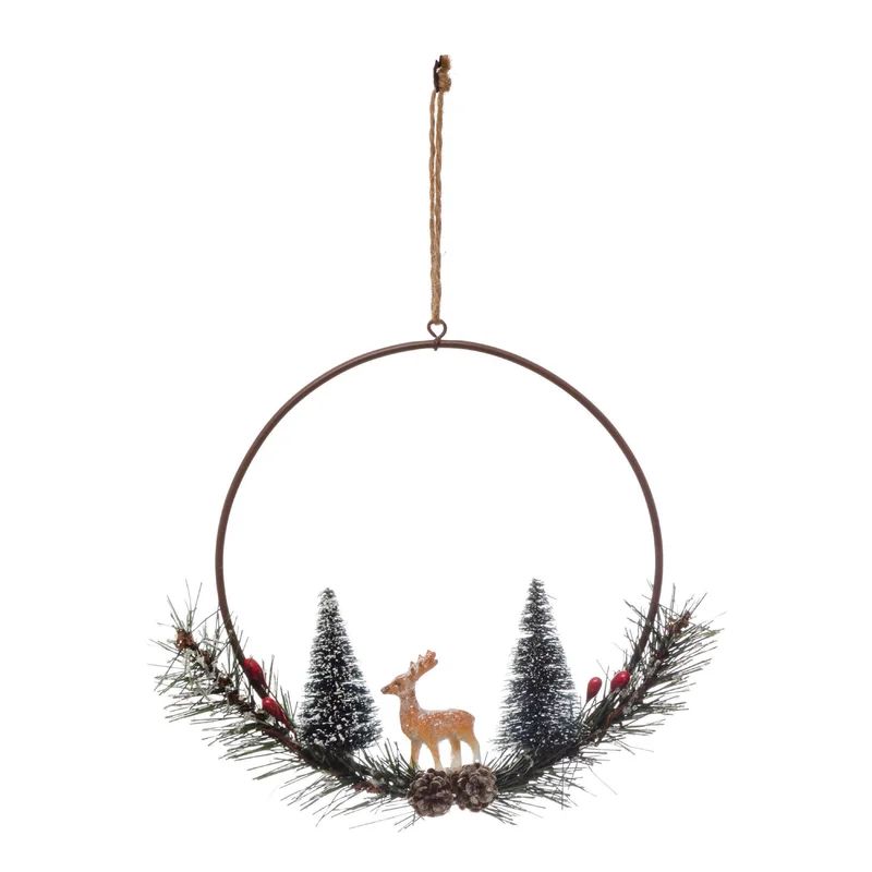 Metal Wreath with Sisal Tree, Greenery, Pinecones & Deer Decorative Accent | Wayfair North America