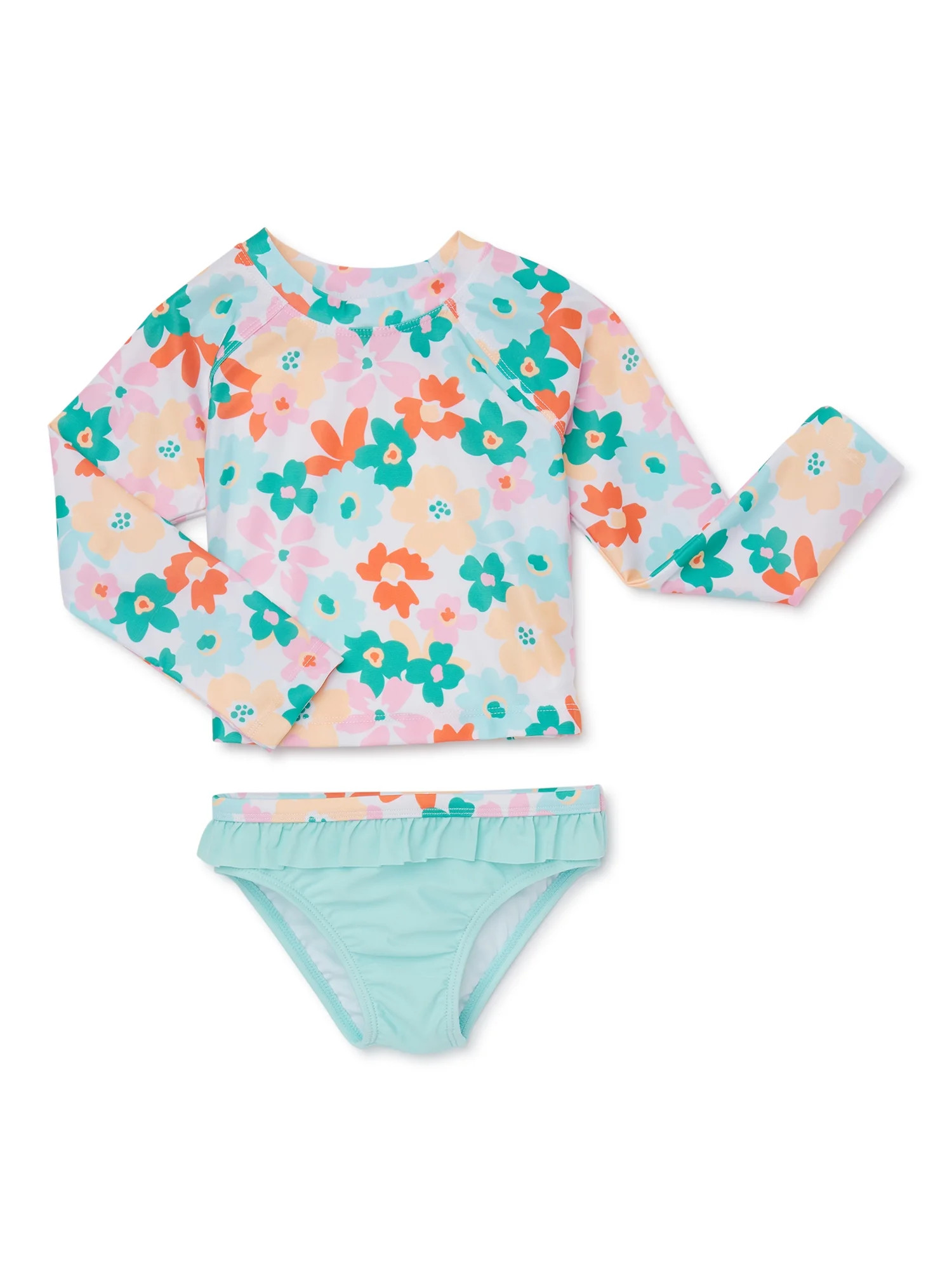 Wonder Nation Toddler Girl Long Sleeve Swim Rash Guard Set, Size 12M-5T | Walmart (US)