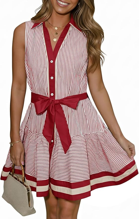 Wenrine Womens Summer Button Down Shirt Dresses Sleeveless Collared V Neck Striped Tie Waist Mini... | Amazon (US)