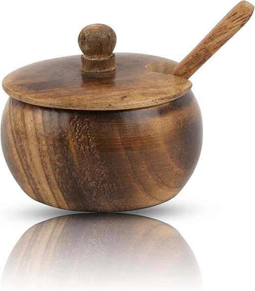 Decorative Rustic Wooden Sugar Bowl & Spoon With Lid Wide Mouth Candy Treat Jar Spice Jar Holder ... | Amazon (US)