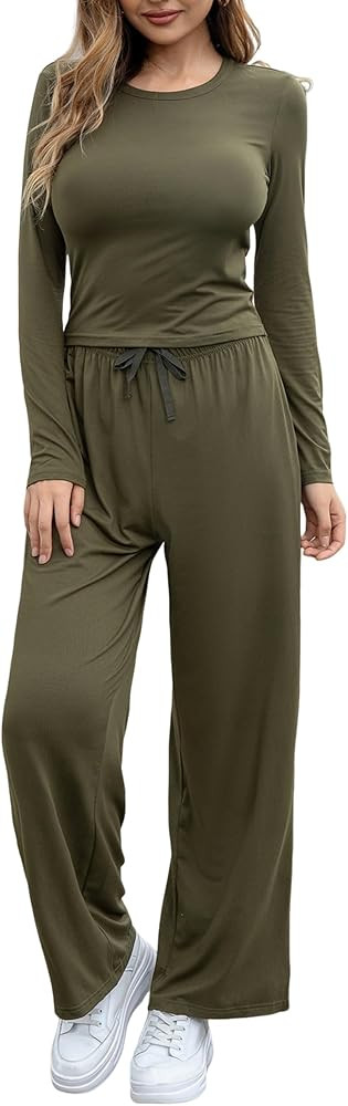 KINIKO Women's 2 Piece Outfits Sweatsuit Casual Long Sleeves Pullover Tops and Drawstring Wide Le... | Amazon (US)