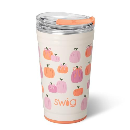 Swig Life 24oz Party Cup, Stackable Insulated Travel Coffee Tumbler with EZ Slider Lid, Cup Holder Friendly Travel, Stainless Steel 24 oz Tumbler, Reusable Mug (Pumpkins and Bows) | Amazon (US)