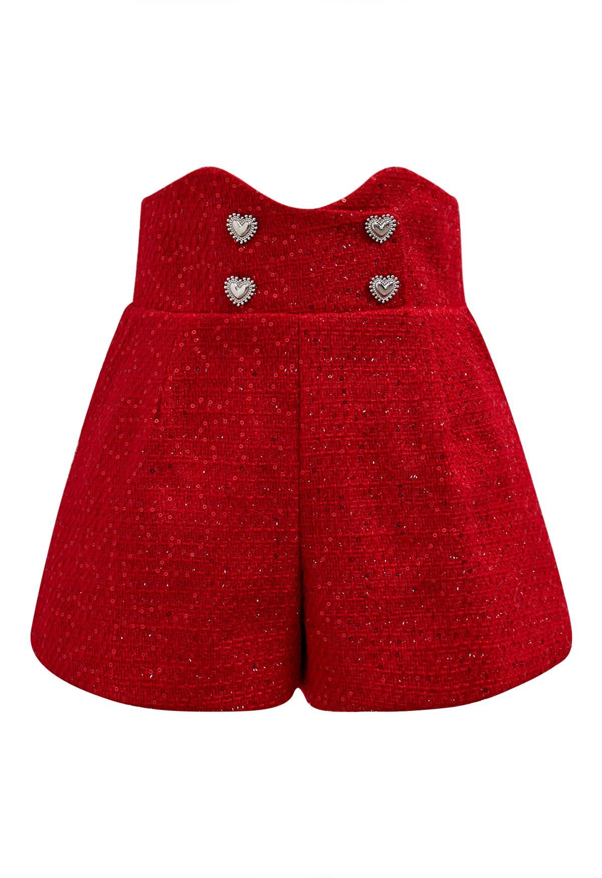 Heart Button Sequin Embellished Tweed Shorts in Red | Chicwish